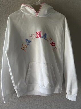 NWT / EUC Cute White Floral Lettering Hoodie with Pink Stitch Detail (Size S)